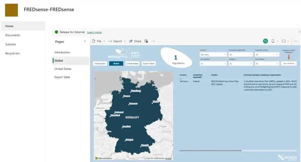 Antea Group PFAS regulatory dashboard showing compliance data across European jurisdictions